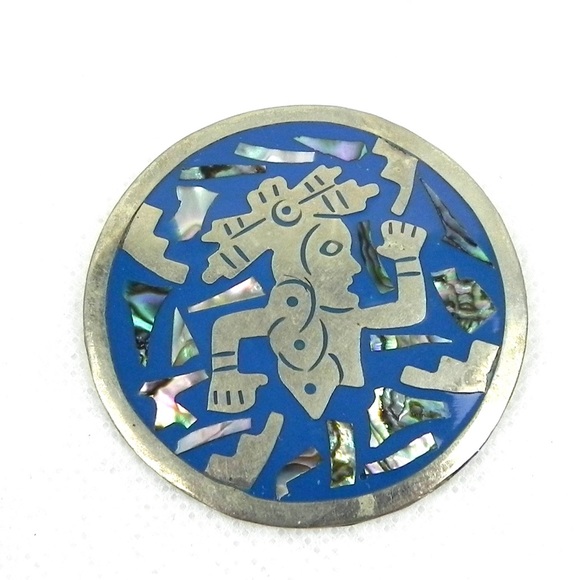 Jewelry - Vintage Aztec Warrior Blue Brooch Silver Abalone
